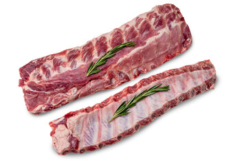 Racks of fresh raw pork meat ribs isolated on white background. Raw fresh pork ribs isolated on white background.