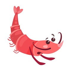 Shrimp with pretty face cartoon illustration. Happy, frightened and surprised pink prawn characters in different poses isolated in white