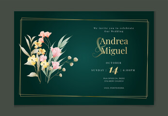 Green gold leaves wedding invitation card template. Set of card with flower rose, leaves. Wedding red, orange, and gold concept. Floral poster, invite. Vector decorative greeting card .