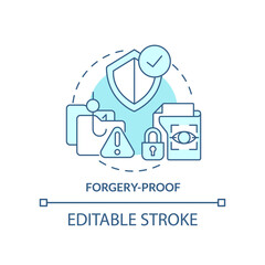 Forgery-proof turquoise concept icon. Biometric data pros abstract idea thin line illustration. Data hiding technologies. Isolated outline drawing. Editable stroke. Arial, Myriad Pro-Bold fonts used