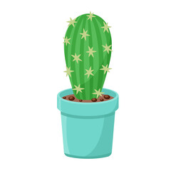 Cactus in flower pot isolated vector illustration. Indoor house plant hand drawn cartoon. Natural decoration for interior of apartment and office. Desert succulent