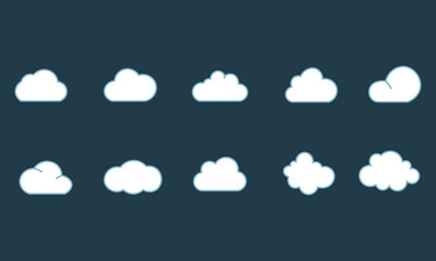Set of blue sky, clouds. Cloud icon, cloud shape. Set of different clouds. Collection of cloud icon, shape, label, symbol. Graphic element vector. Vector design element for logo, web and print.