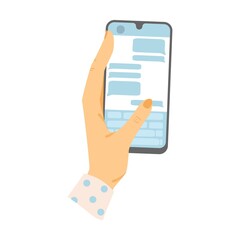 Hand of user with mobile phone. Vector illustrations of people using smartphones. Cartoon social media, video call and messenger apps