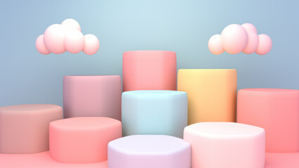 3d rendered product display podiums and white clouds.