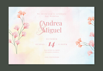 wedding invitation card template set with red rose bouquet wreath leave watercolor painting.
