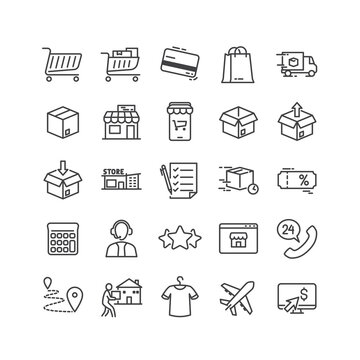 Simple Set of Shopping Related Vector Line Icons. Contains such Icons as Credit Card, Cart, Customer Service, Rating, Webstore, Smartphone, Shipping etc. Editable stroke 64X64 Pixel Perfect