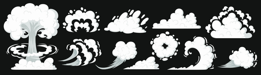Smog smell collection, puff smoke, explosion elements. Steaming cloud flows, clouds vector illustrations set. Cartoon smoke or dust clouds, smoke puff, stream cloud elements. Steaming dust silhouettes