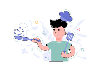 The boy is holding a frying pan. Cooking. Flat style.