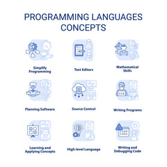 Programming languages light blue concept icons set. Writing code. Computer science idea thin line color illustrations. Isolated symbols. Editable stroke. Roboto-Medium, Myriad Pro-Bold fonts used