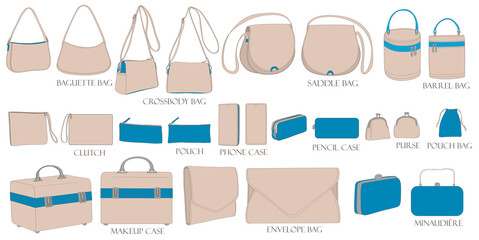 Set of illustrations of bags in pastel colors. Baguette, crossbody, envelope, barrel, clutch, purse, makeup case, pouch. Collection of luxury modern accessories.