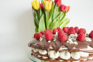 Fototapeta na wymiar Chocolate cake with raspberries, beautiful background, recipes, dessert