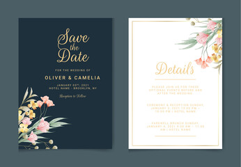 Green gold leaves wedding invitation card template. Luxury black and gold wedding invitation template with beautiful floral watercolor
