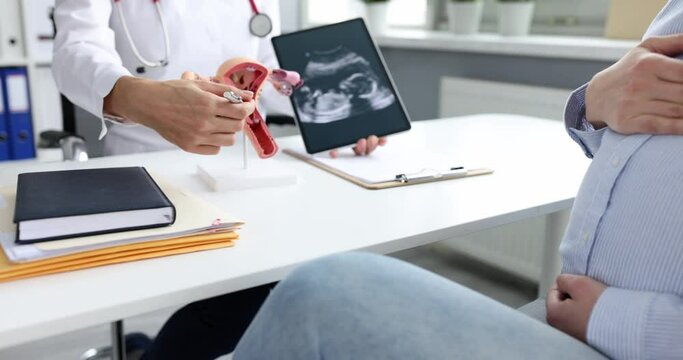 Pregnant woman at gynecologist appointment is discussing ultrasound of baby fetus