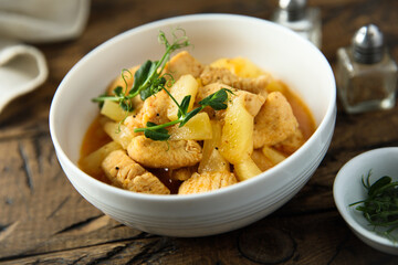 Homemade chicken ragout with pineapple
