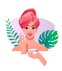 Beautiful young woman apply  cream on face. Self care at home. Female cartoon character. Vector face illustration.