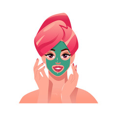 Beautiful young Woman with beauty face mask. Self care at home. Female cartoon character. Vector face illustration.