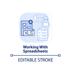 Working with spreadsheets light blue concept icon. Programming skills abstract idea thin line illustration. Isolated outline drawing. Editable stroke. Arial, Myriad Pro-Bold fonts used - obrazy, fototapety, plakaty