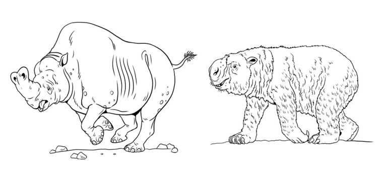 Prehistoric animals - diprotodon and embolotherium. Drawing with extinct animals. Template for coloring book.
