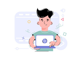 The boy holds a computer, a laptop in his hands. Element for the design of presentations, applications and websites. Trend illustration.