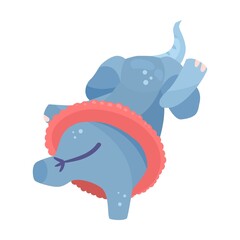 Funny elephant cartoon illustration. Cute baby elephant with long trunk performing, standing on balloon. Animal, circus concept