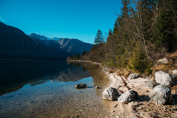 Autumn landscape by the lake Bohinj in Julian Alps. Fascinating reflectins in the lake on a cloudy...