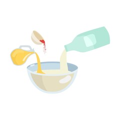 Process of cooking cake cartoon illustration. Pours ingredients in bowl step by step. Preparation concept