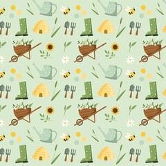 Seamless background for gardening. Garden elements vector illustration: shovel, pitchfork, wheelbarrow, plants, watering can, grass, flowers, gardening gloves and cute calligraphy. Springtime