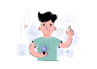 The boy is holding a light bulb. Concept of ideas. Flat style.
