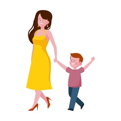 Family with children. Happy young mother walking and leading kid by hand flat vector illustration. Parenthood, family, love concept