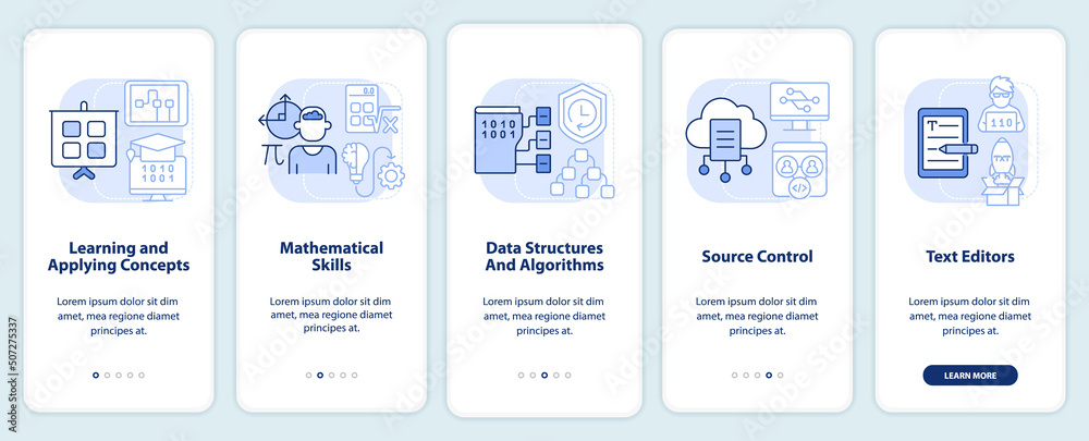 Wall mural program development skills light blue onboarding mobile app screen. walkthrough 5 steps graphic inst