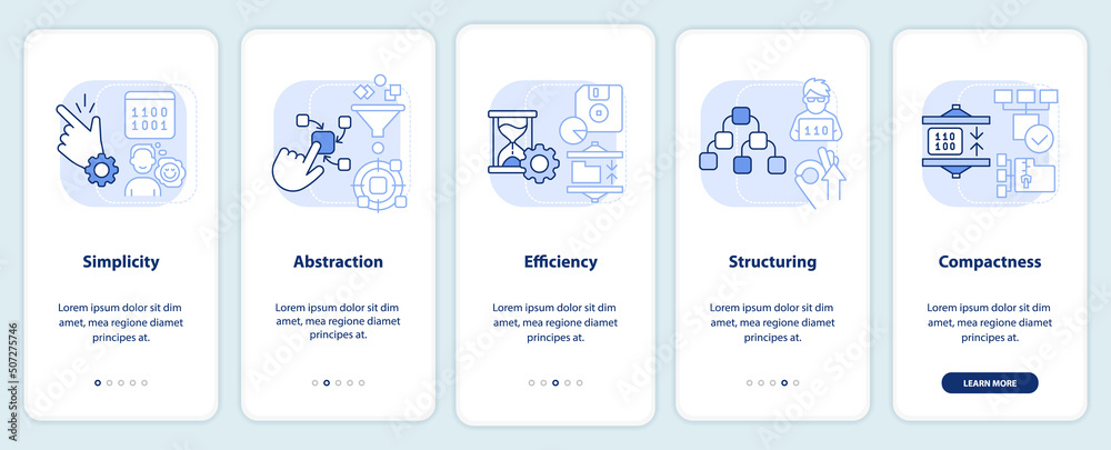 Wall mural features of programming languages light blue onboarding mobile app screen. walkthrough 5 steps instr