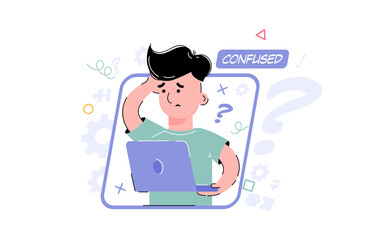 Fototapeta na wymiar Confusion theme. Confused boy works at a computer having questions. Element for the design of presentations, applications and websites. Trend illustration.