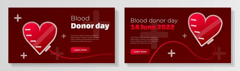 World blood donor day online banner template set, 14 June 2022 awareness advertisement, horizontal ad, heart blood bag webpage, donation patients creative brochure, isolated on background