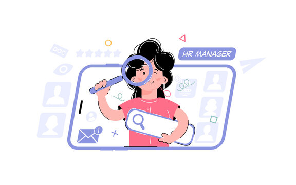 recommend clip art: Topic Recruiter, HR manager. The girl is doing a search, holding a magnifying glass and a web search bar in his hands