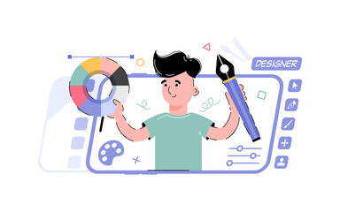 Design theme. The boy is holding a palette with paints and a brush. Element for the design of presentations, applications and websites. trend illustration.
