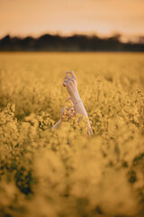 Dłonie białej dziewczyny tonącej w żółtym polu rzepaku