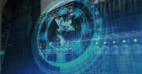 Image of yen symbol on rotating safe lock over data processing and computer server