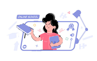Fototapeta premium Online school theme.Girl holding textbook, book. Element for the design of presentations, applications and websites. trend illustration.