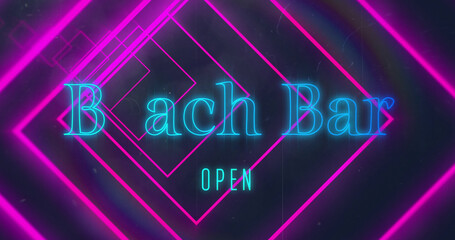 Image de formes géométriques au néon rose sur le texte ouvert du bar de la plage