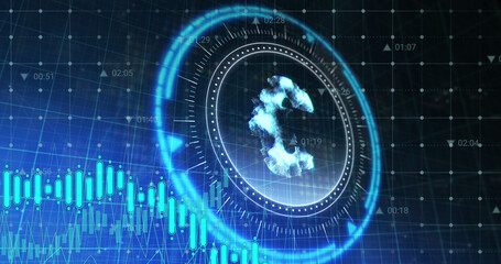 Image of euro symbol on rotating safe lock and domestic finance icons over data processing