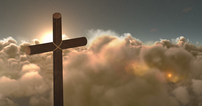 Image of cross and moving light over sky with moving clouds