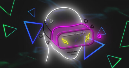 Image of neon triangles and head model in vr headset on black background