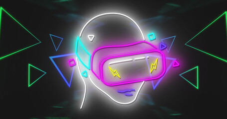 Image of neon triangles and head model in vr headset on black background