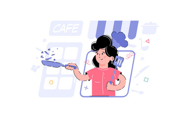 Cafe theme. The girl is cooking, holding a spatula and a frying pan in her hands. Element for the design of presentations, applications and websites. trend illustration.