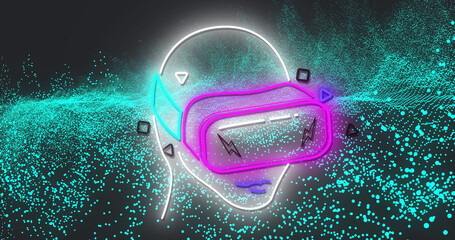 Image of neon head model with vr headset on black background