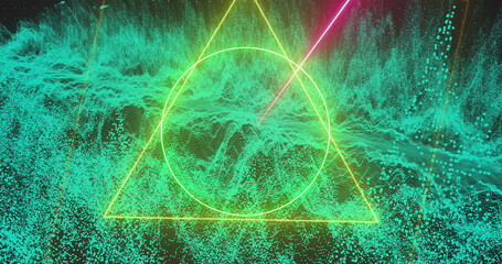 Image of moving neon shapes on green waves on black background