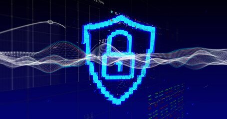 Image of waves and digital shield with padlock on navy background