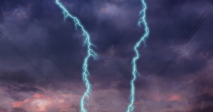 Image of storm with blue lightnings and grey clouds over electric pylons