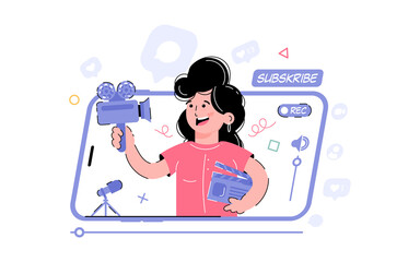 Blogging theme. The girl is holding a video camera and a clapperboard. Element for the design of presentations, applications and websites. trend illustration.
