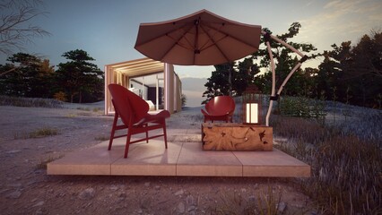 tropical lounge outdoor with small wooden house background in the night light on 3d illustration